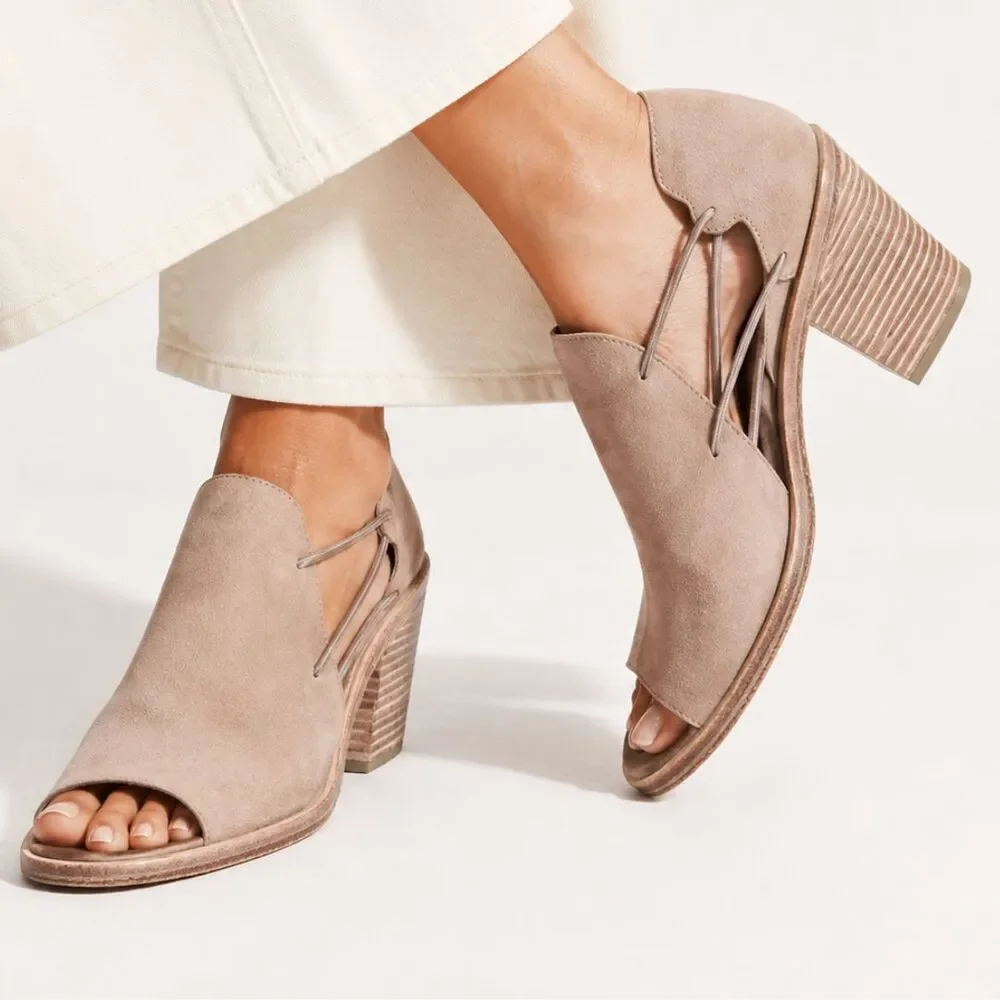 Eileen Fisher Womens 9 Taupe Suede Open Toe Cutout Block Heel Sandal Booties
